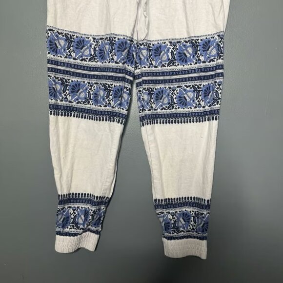 Women's Loft Size Small Linen Blend Boho Joggers Drawstrings Artsy Beach Geo Blu - Picture 3 of 4